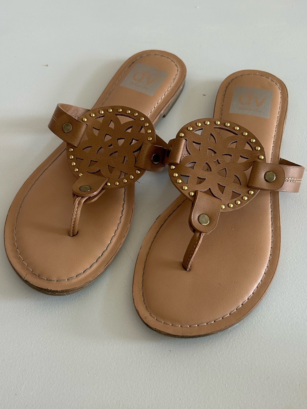 Dolce Vita Tan Laser-Cut Thong Sandals with Stud Accents